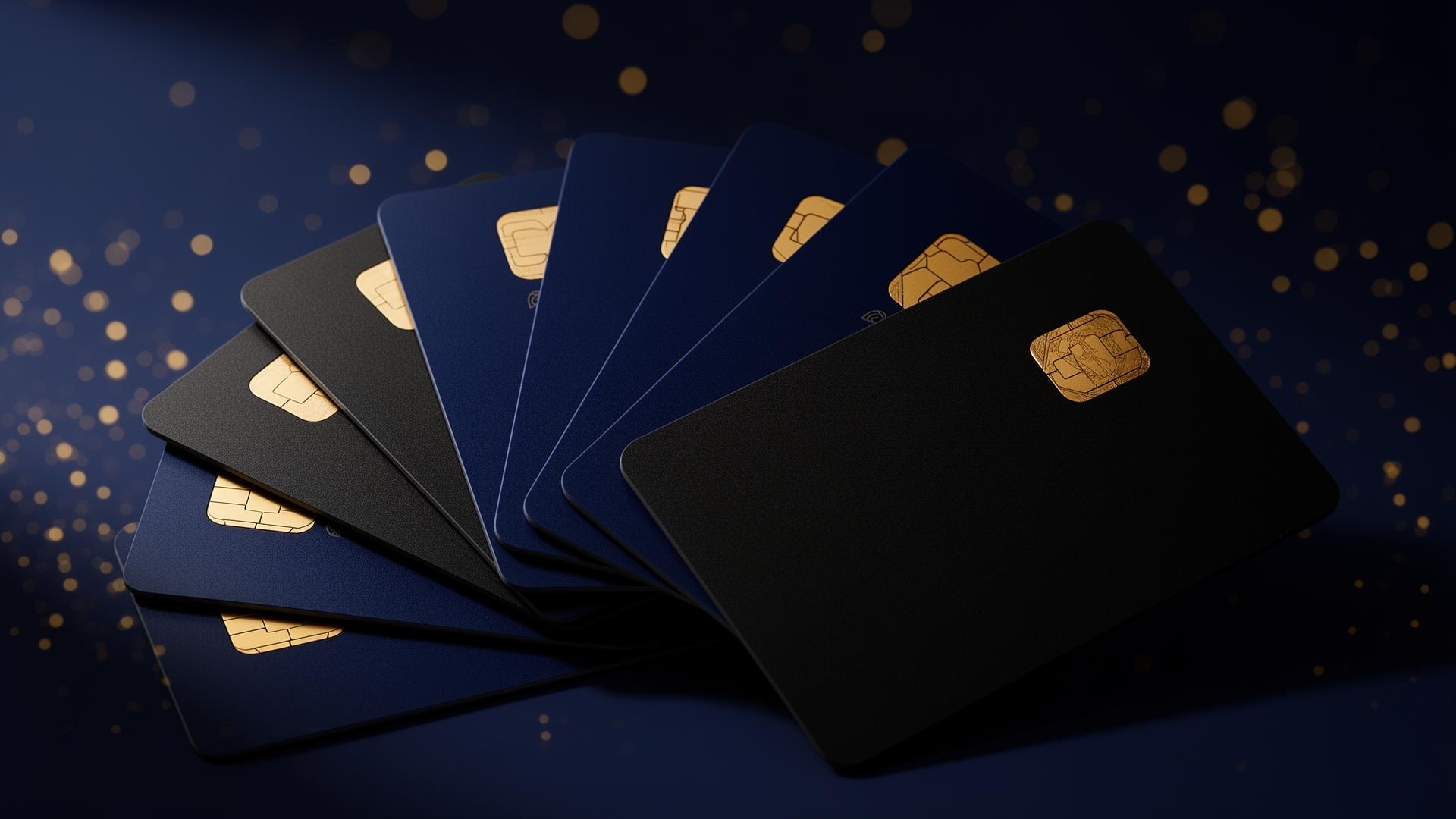 Premium dark credit cards fanned in a luxury arrangement